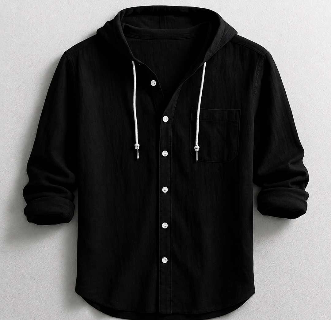 Casual men's hooded button-up shirt, perfect versatile layering piece. Features a chest pocket. Menswear.