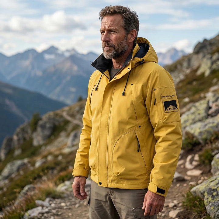 Men's hooded softshell windbreaker jacket, ideal for outdoor activities like hiking and travel. Lightweight & rain-resistant.