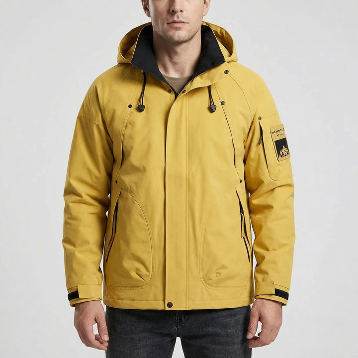 Lightweight men's hooded softshell jacket, perfect as a spring or fall windbreaker & rain jacket for hiking.