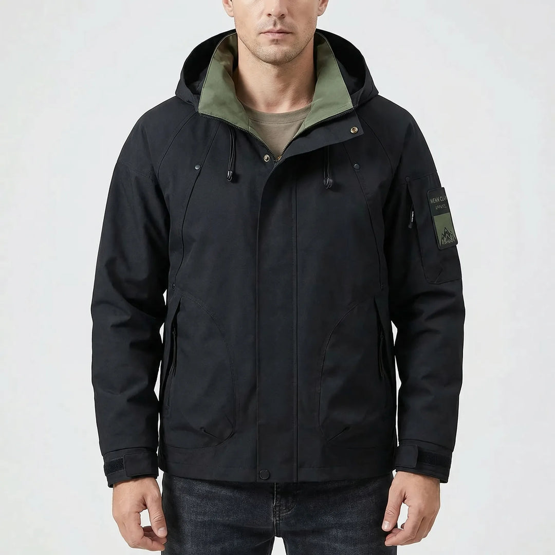 Protective men's hooded softshell windbreaker. Lightweight rain jacket for hiking, travel, and outdoor adventures.