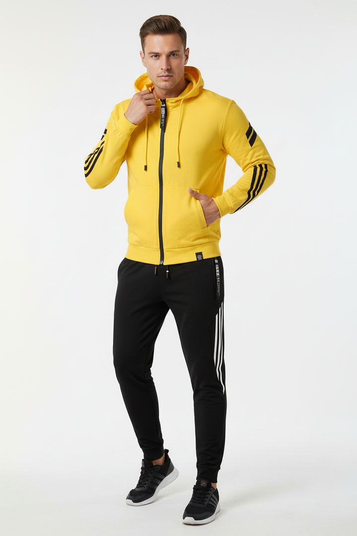 Versatile men's hooded tracksuit jogger set. Ideal two-piece outfit for athletic wear, casual style, or lounging.