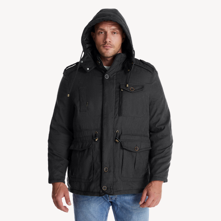 Men's hooded utility jacket, zip-through parka for outdoor adventures. Multi-pocket design, perfect for fall & winter.