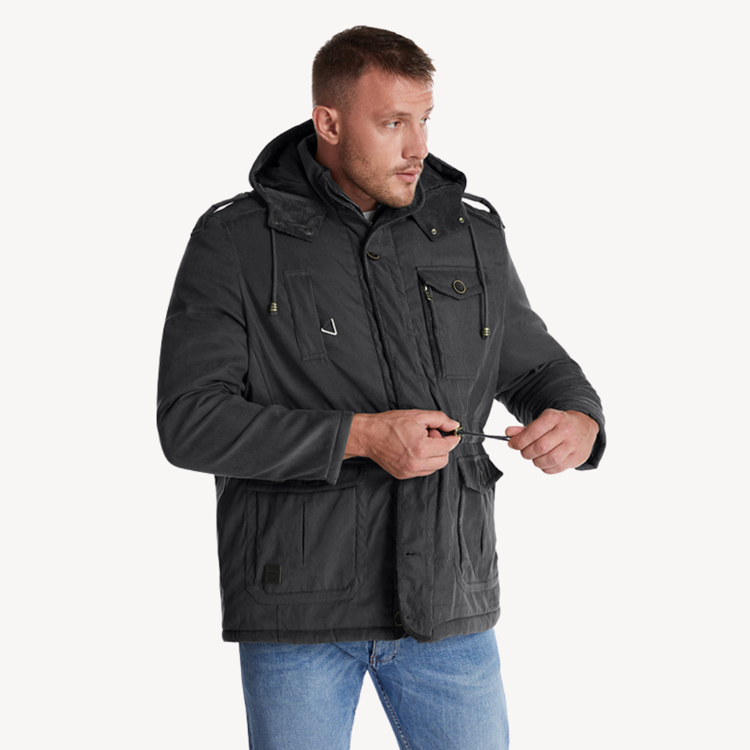 Rugged men's hooded utility parka. Versatile zip-through jacket for casual outdoor wear & fall/winter layering.