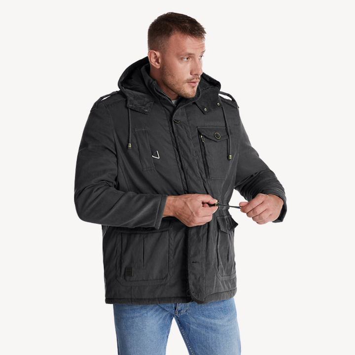 Rugged men's hooded utility parka. Versatile zip-through jacket for casual outdoor wear & fall/winter layering.