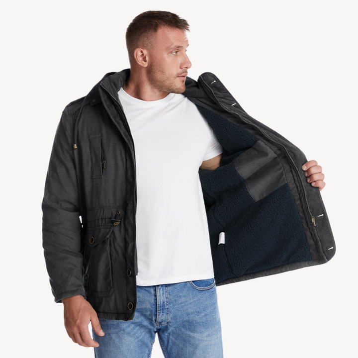 Stylish men's zip-through utility parka with hood & multiple pockets, ideal for outdoor adventures & daily wear.