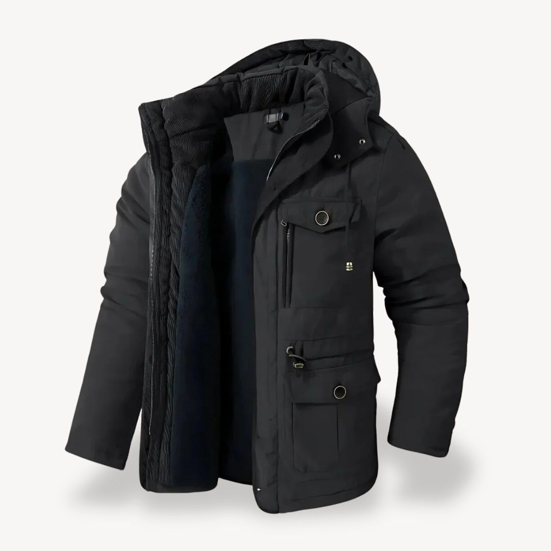 Adventure-ready men's hooded utility jacket. Durable zip-through parka for hiking, camping & everyday casual style.