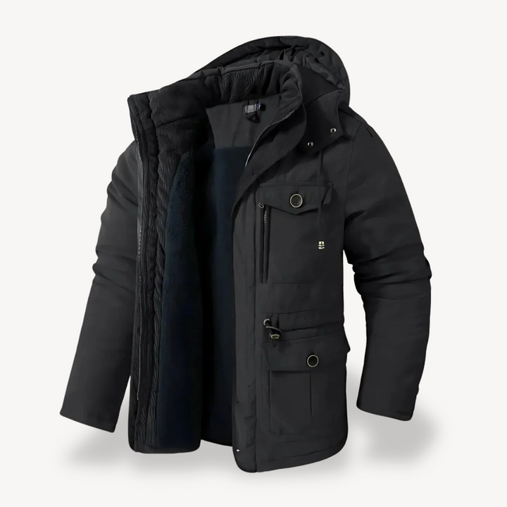Adventure-ready men's hooded utility jacket. Durable zip-through parka for hiking, camping & everyday casual style.