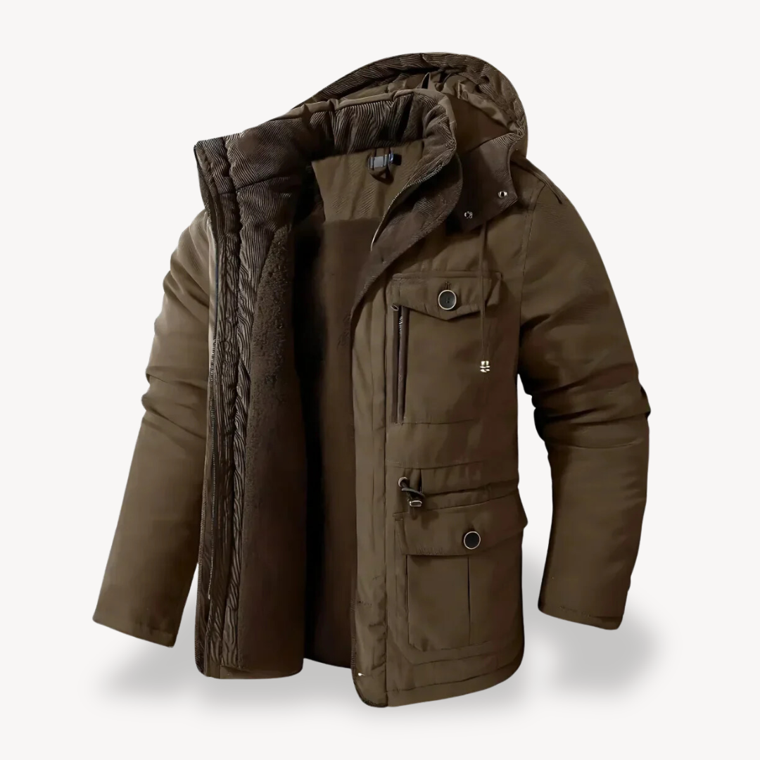 Warm men's hooded utility jacket, a versatile zip-through parka for fall & winter outdoor layering and protection.