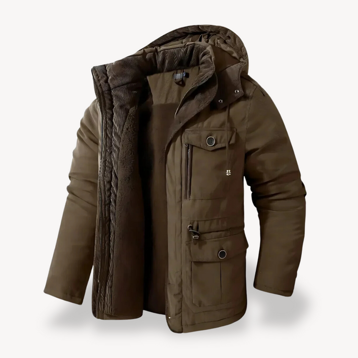 Warm men's hooded utility jacket, a versatile zip-through parka for fall & winter outdoor layering and protection.
