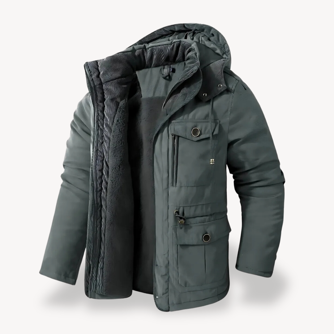 Durable men's hooded utility parka, rugged zip-through jacket designed for outdoor adventures & active everyday use.