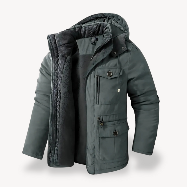 Durable men's hooded utility parka, rugged zip-through jacket designed for outdoor adventures & active everyday use.