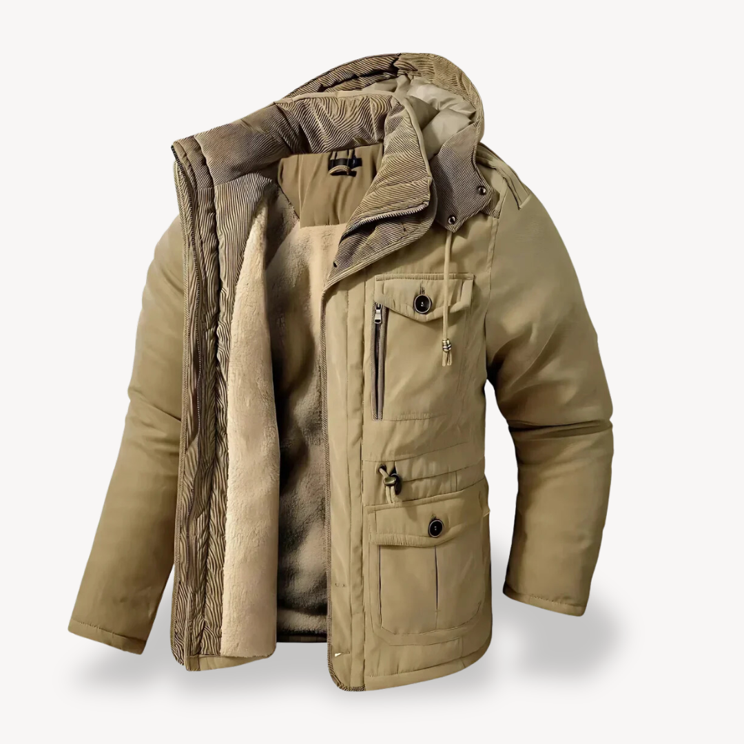 Casual men's hooded utility jacket with multi-pockets, a versatile zip-through parka for outdoor adventures & style.