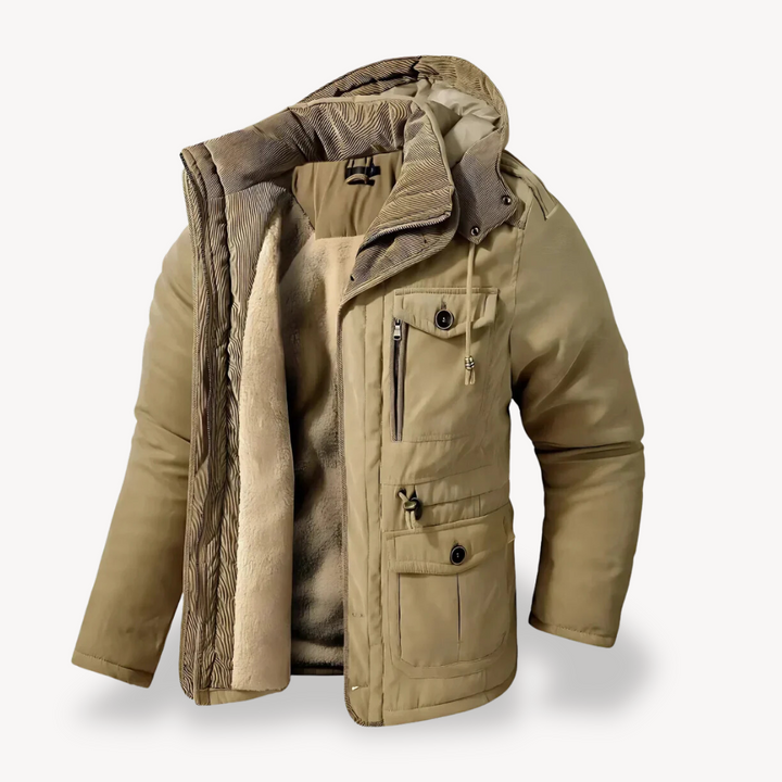 Casual men's hooded utility jacket with multi-pockets, a versatile zip-through parka for outdoor adventures & style.