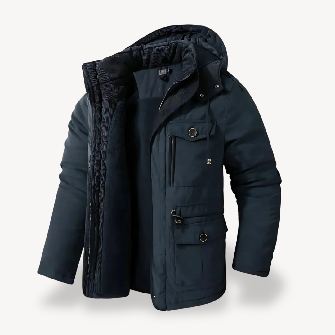 Men's hooded utility zip-through parka, perfect rugged jacket for outdoor adventures, fall fashion & winter wear.