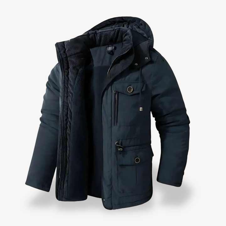 Men's hooded utility zip-through parka, perfect rugged jacket for outdoor adventures, fall fashion & winter wear.