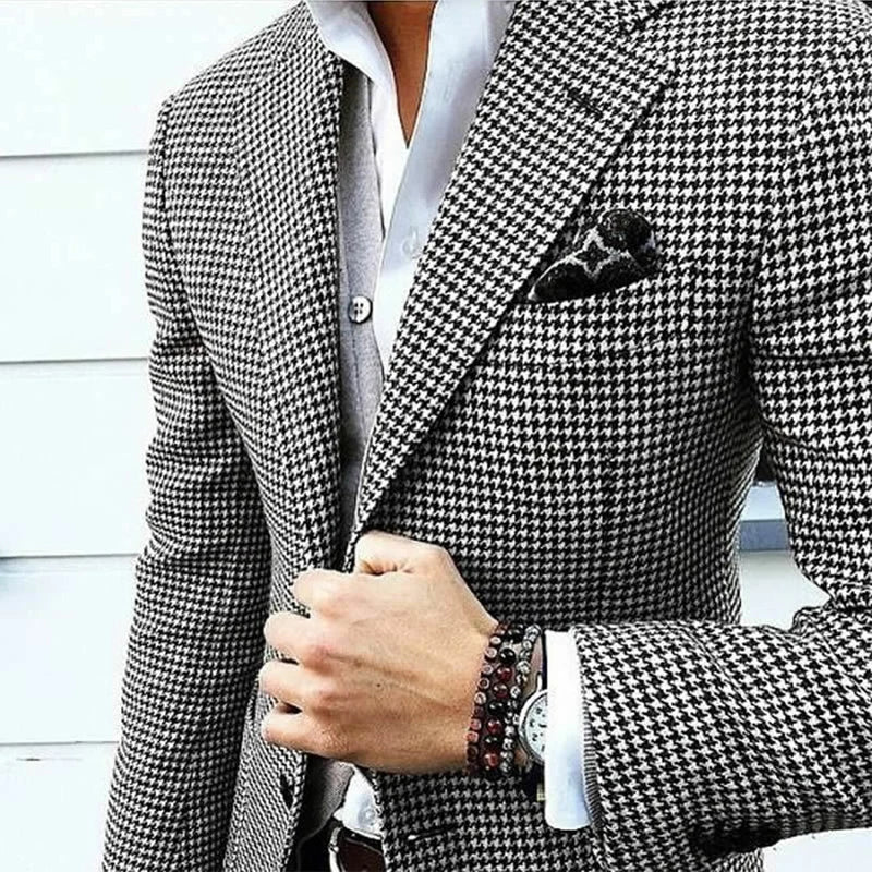 Men's houndstooth check blazer with notch lapel & button closure, versatile for formal or casual menswear.