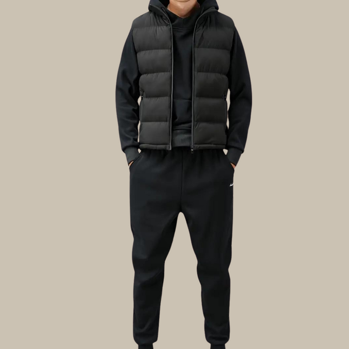Men's insulated gilet for stylish layering in cold weather fashion.