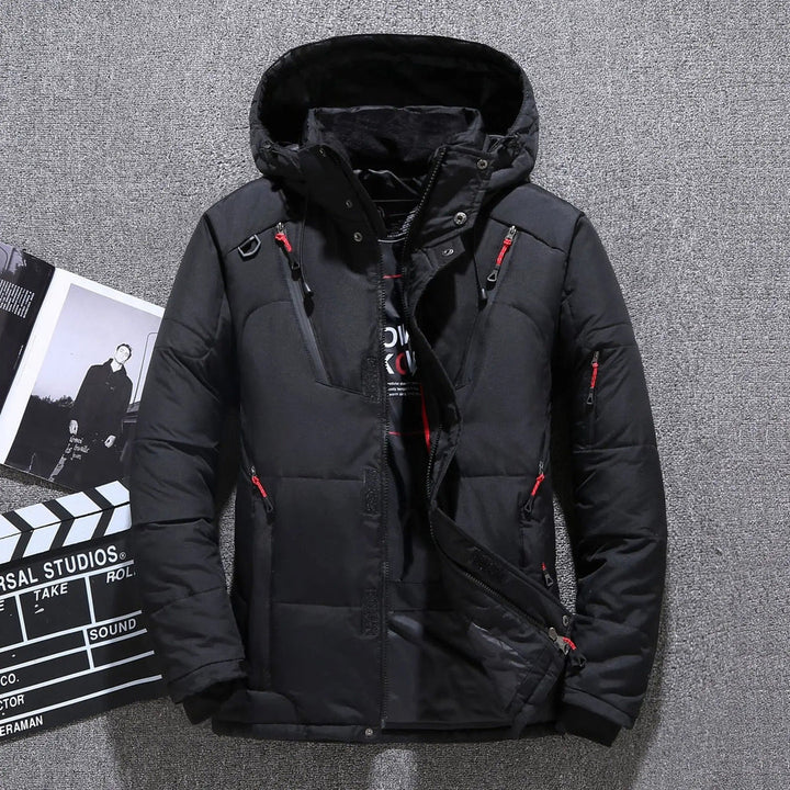 Men's insulated hooded parka, front view. Perfect winter outerwear for cold weather protection & men's fashion.