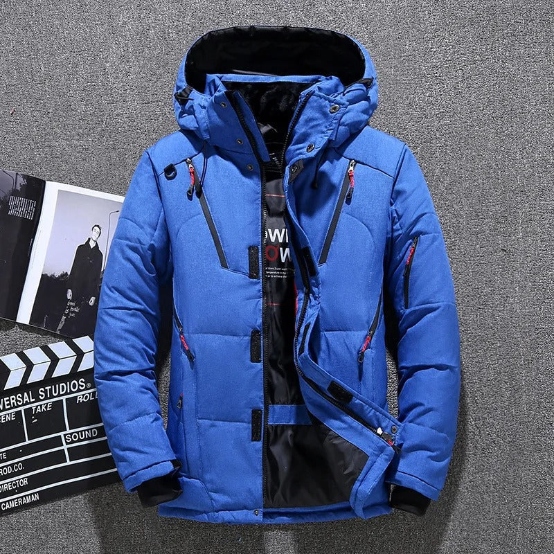 Close-up of men's insulated hooded parka, showing the warm hood and durable zipper. Ideal cold weather protective gear.