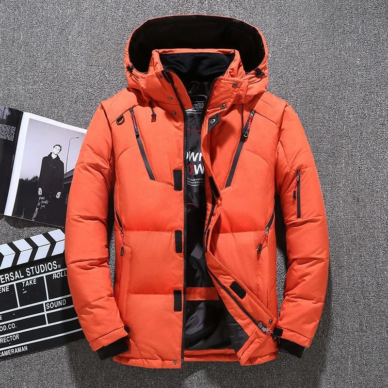 Side view of a men's insulated hooded parka. A versatile winter jacket, great for all-weather protection and style.