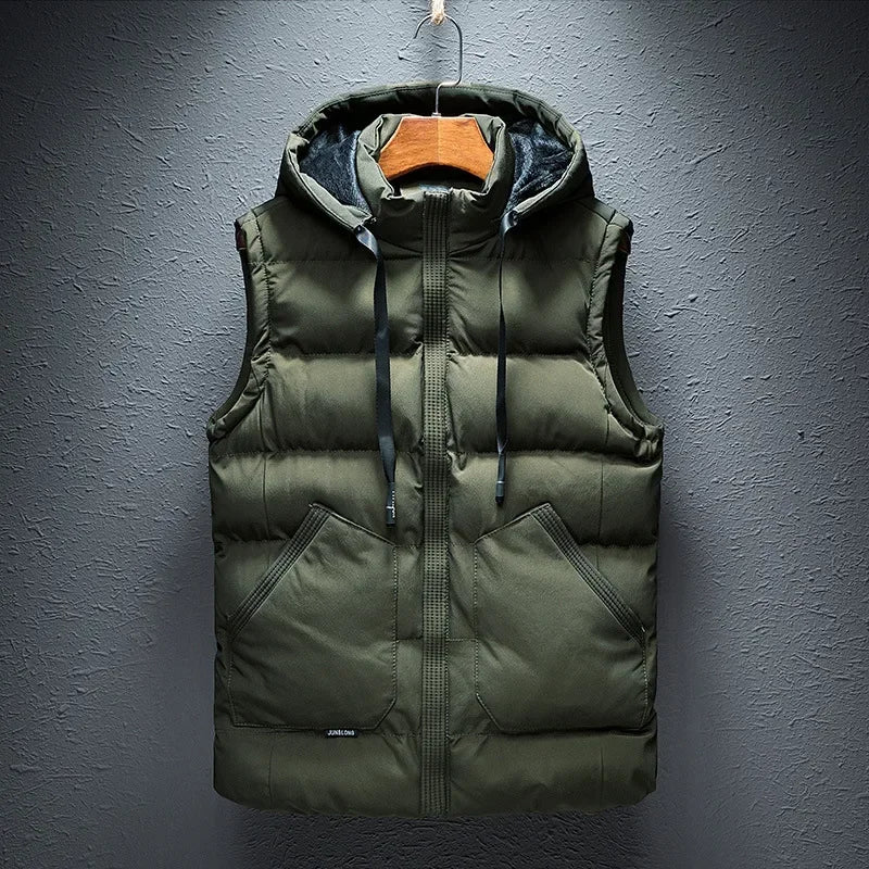 Men's quilted insulated hooded puffer vest. Lightweight and warm outerwear for cold weather protection & outdoor activities.
