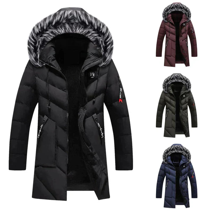 Durable men's insulated parka jacket, hooded design for stylish warmth & comfort in winter.
