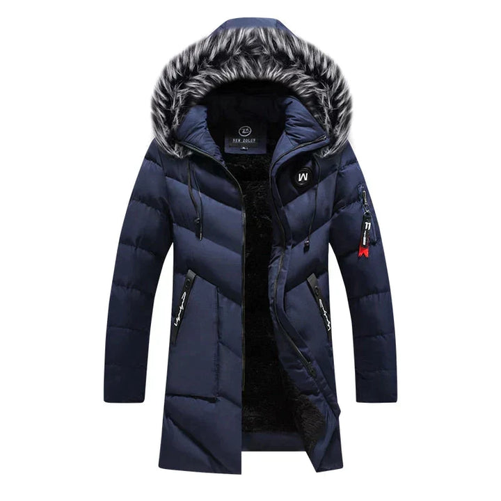Sleek men's hooded winter parka, insulated jacket for modern style and extreme cold weather warmth.