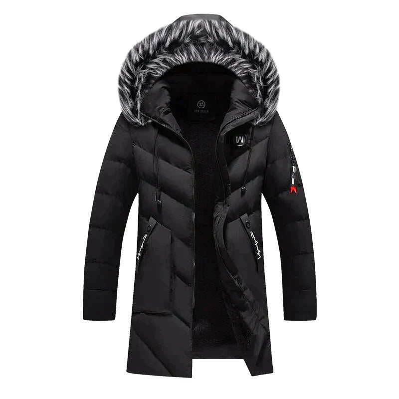 Heavy-duty men's insulated winter parka with hood, ideal outerwear for superior warmth in cold.