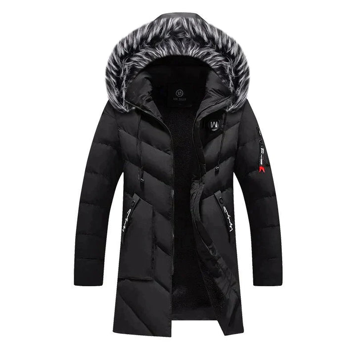 Heavy-duty men's insulated winter parka with hood, ideal outerwear for superior warmth in cold.