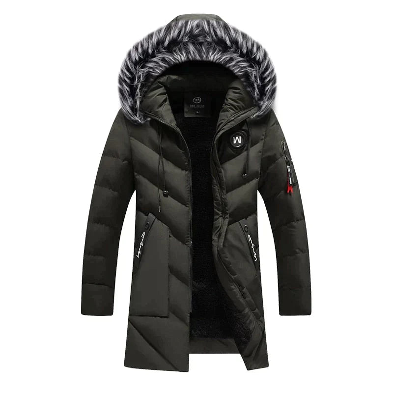 Comfortable men's insulated hooded parka, providing ultimate warmth & protection from winter elements.