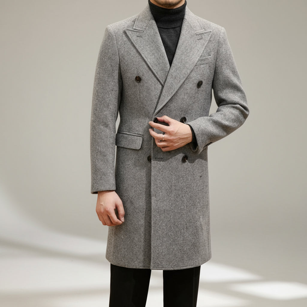Men's Italian-style grey double-breasted winter overcoat. Tailored fit for elegant formal or smart casual cold weather wear.