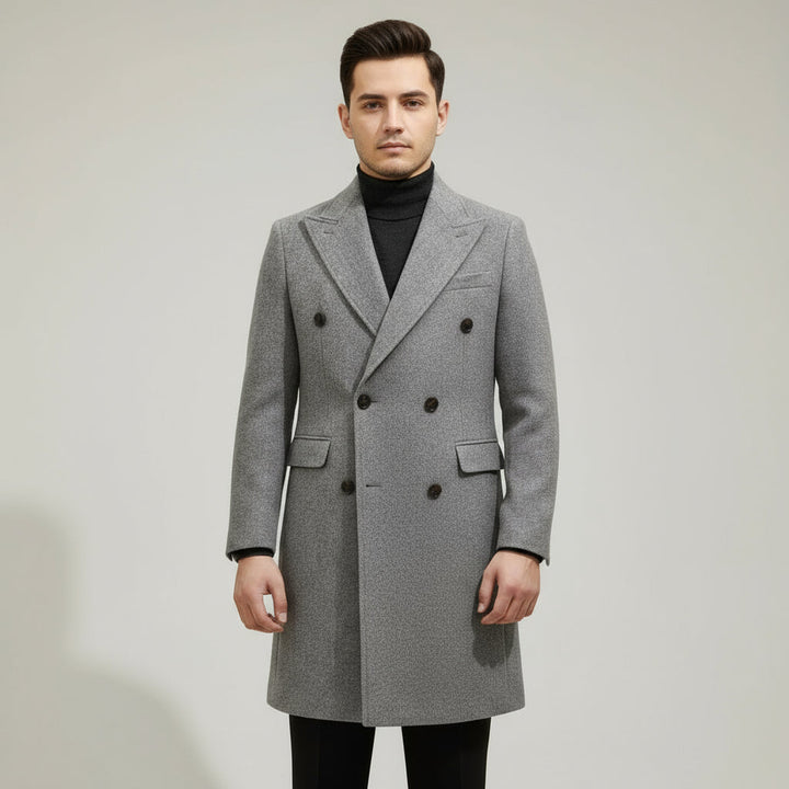 Stylish men's grey double-breasted winter overcoat, offering classic Italian style & warmth. Perfect for cold weather outerwear.