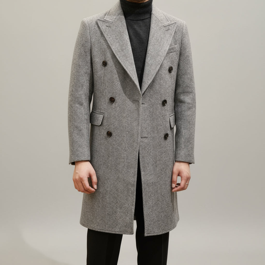 Classic men's grey double-breasted overcoat. Italian-style tailored fit, ideal for formal fashion & smart casual winter outfits.