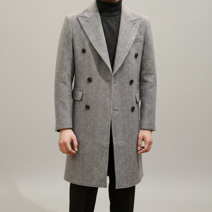 Classic men's grey double-breasted overcoat. Italian-style tailored fit, ideal for formal fashion & smart casual winter outfits.