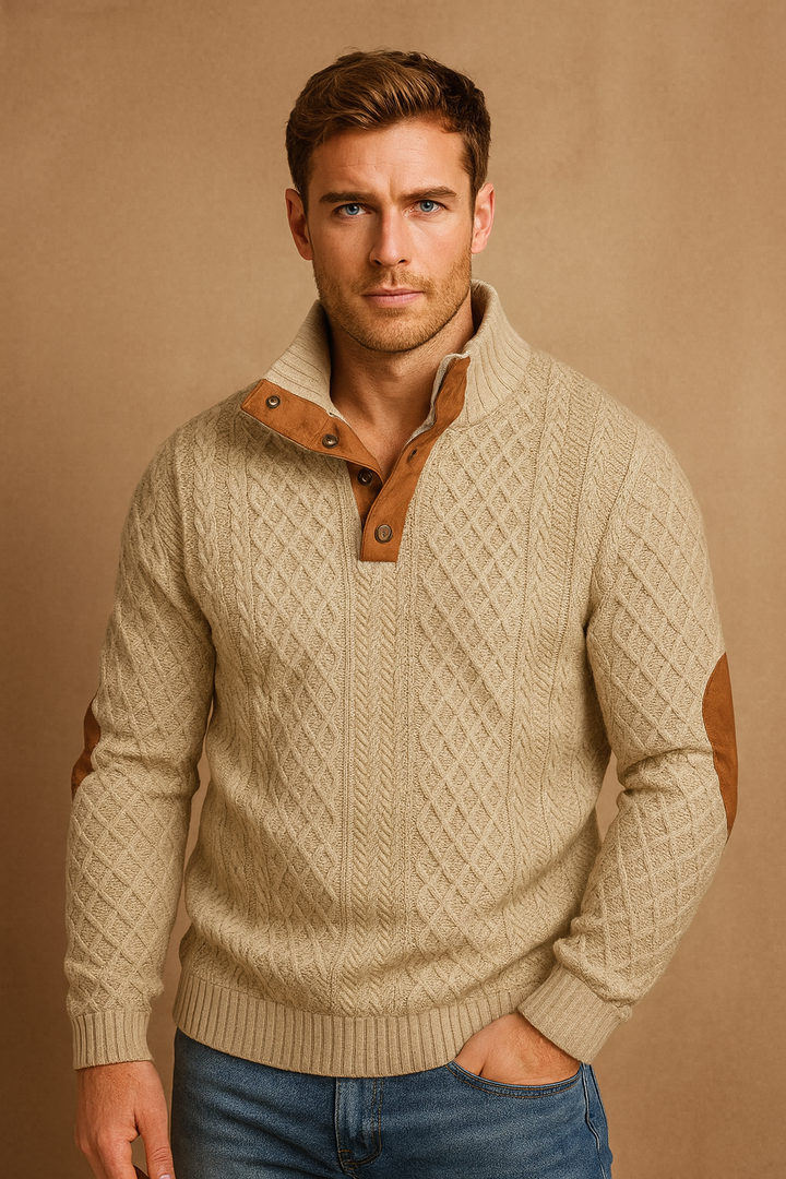 Men's jacquard knit sweater with smart casual button collar. Stylish & comfortable for fall/spring.