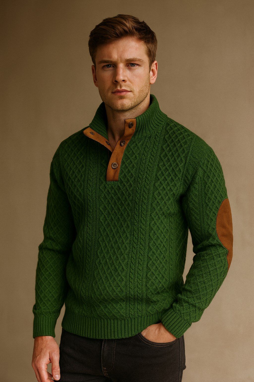 Stylish men's jacquard knit sweater featuring a smart button collar & classic elbow patches. Versatile fall/spring wear.