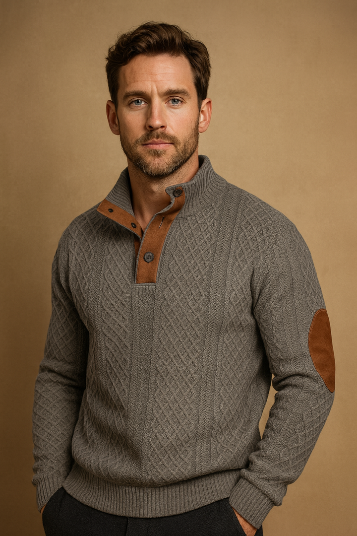 Comfortable men's jacquard knit sweater, perfect for smart casual looks. Button collar design, ideal for spring & fall.