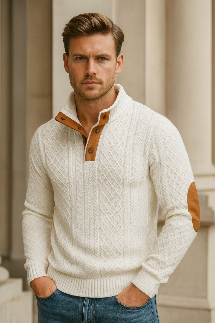 Versatile men's jacquard knit sweater. Smart casual style with button collar, great for fall, spring, and everyday wear.