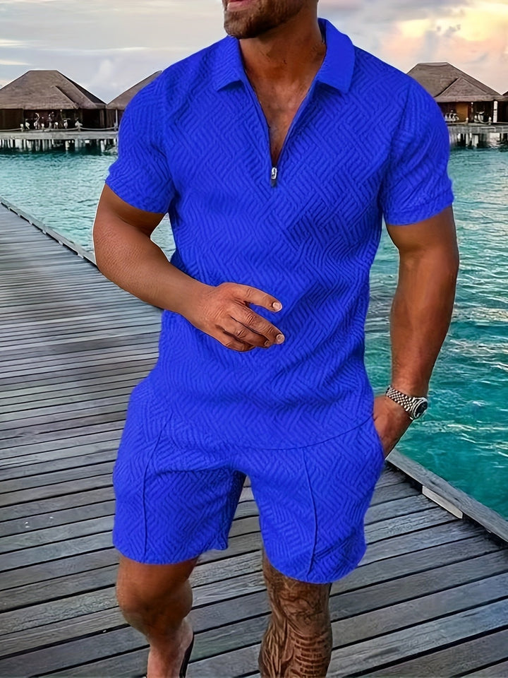 Men's jacquard summer shirt & shorts set, a stylish two-piece resort wear outfit with geometric pattern.