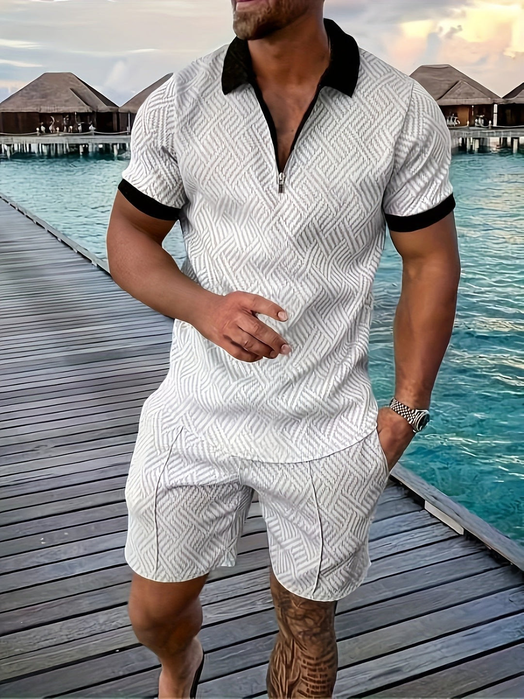 Coordinated men's jacquard shirt and shorts set for summer. Stylish two-piece outfit for casual and resort fashion.