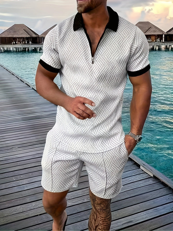 Coordinated men's jacquard shirt and shorts set for summer. Stylish two-piece outfit for casual and resort fashion.