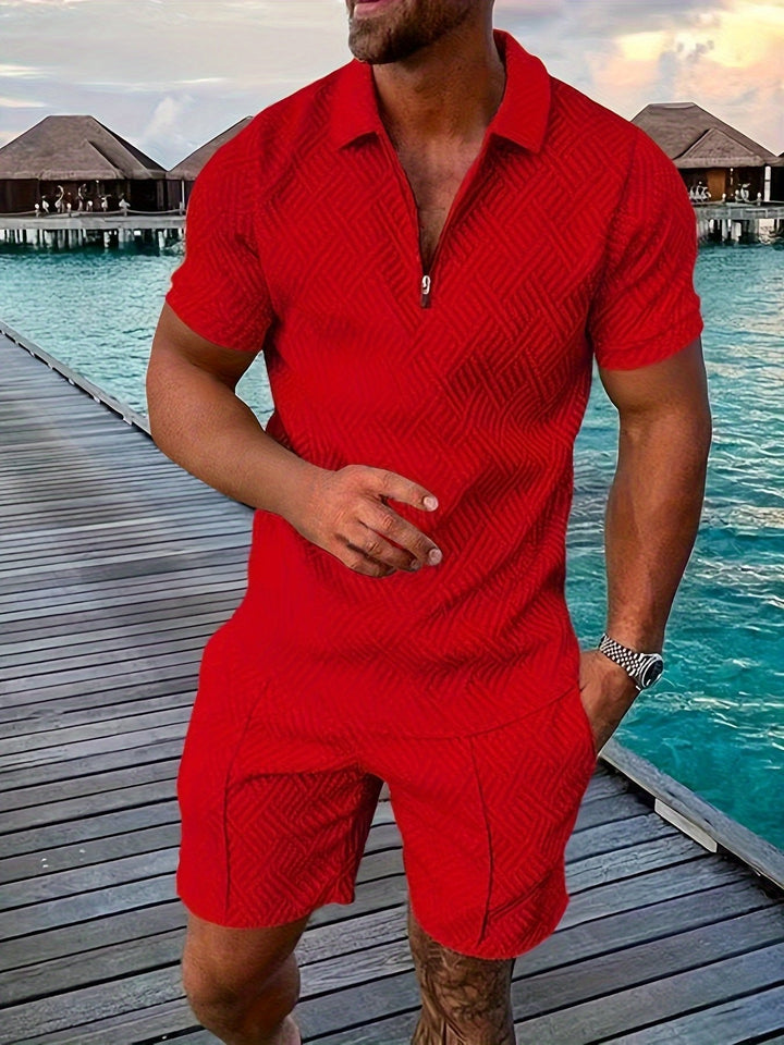 Man wearing men's stylish jacquard summer shirt & shorts set. Perfect casual two-piece vacation outfit with geometric design.