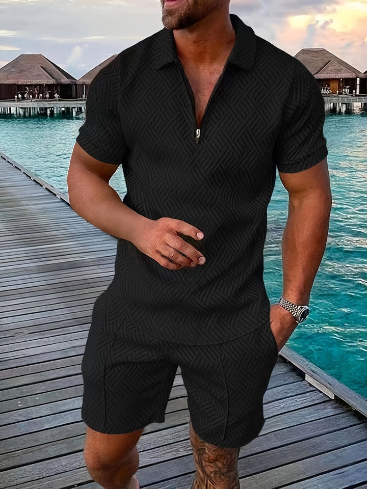 Men's zip-up jacquard summer shirt & matching shorts set. Comfortable and stylish two-piece outfit for trendy men's fashion.
