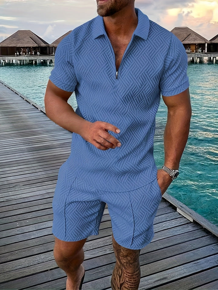 Fashionable men's matching jacquard summer shirt & shorts set. A stylish two-piece for casual wear or vacation.