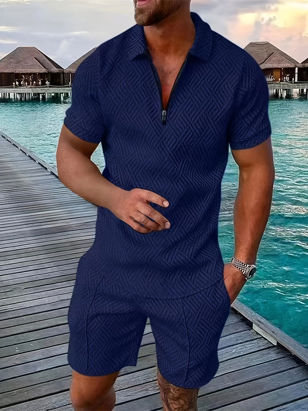 Men's geometric jacquard summer outfit set. Stylish coordinated shirt & shorts for resort, vacation, or casual summer fashion.