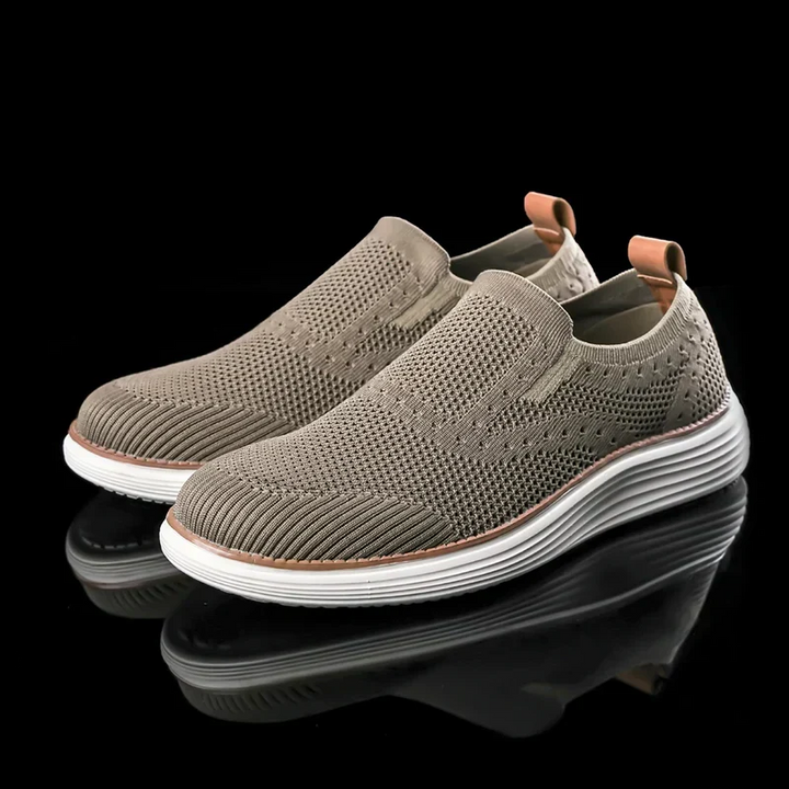 Men's khaki orthopedic slip-on sneakers. Supportive, comfortable footwear for walking & casual wear. All-day relief.