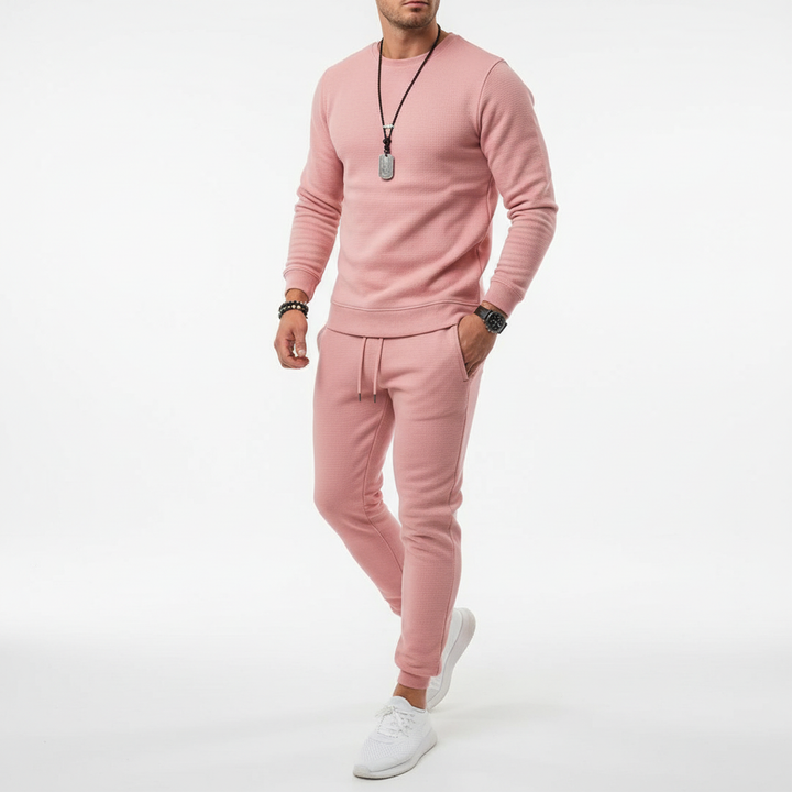 Full view of men's dynamic performance tracksuit set, a complete athletic wear outfit for active men's training.