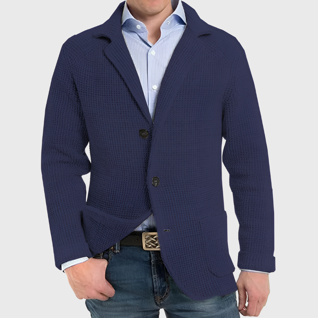 Men's knit blazer cardigan with button-front closure, perfect for smart casual layering and fall fashion.
