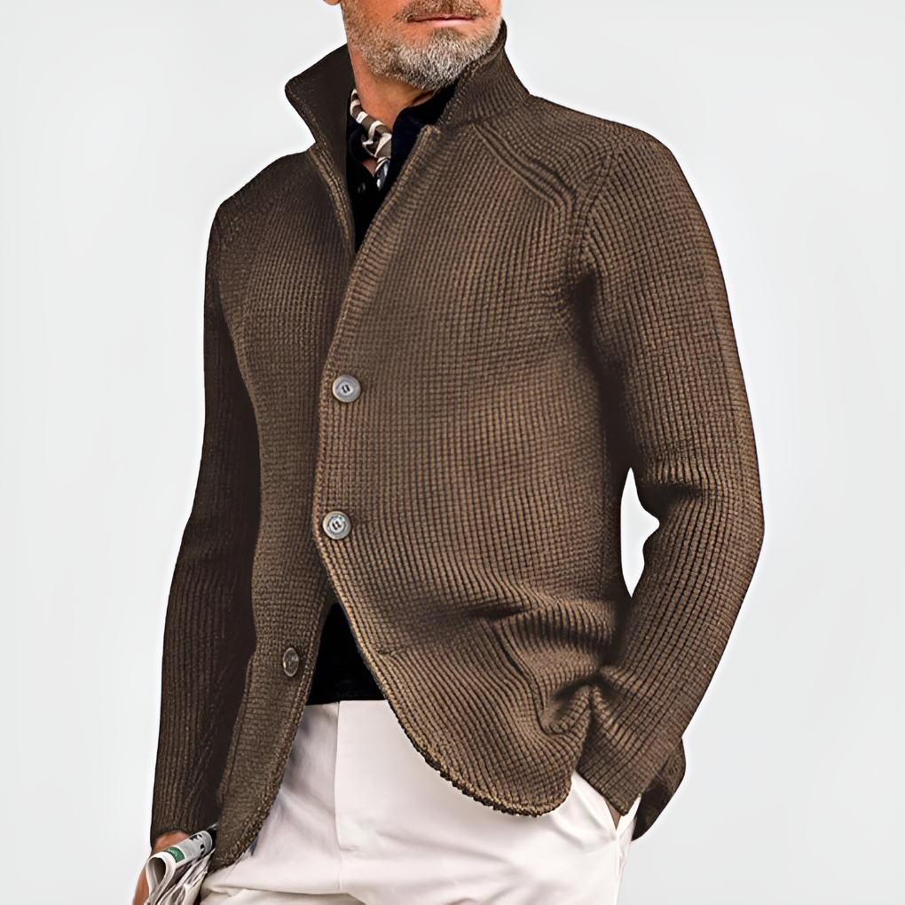 Stylish men's button-front knit blazer cardigan, a comfortable outerwear piece for modern casual wear.