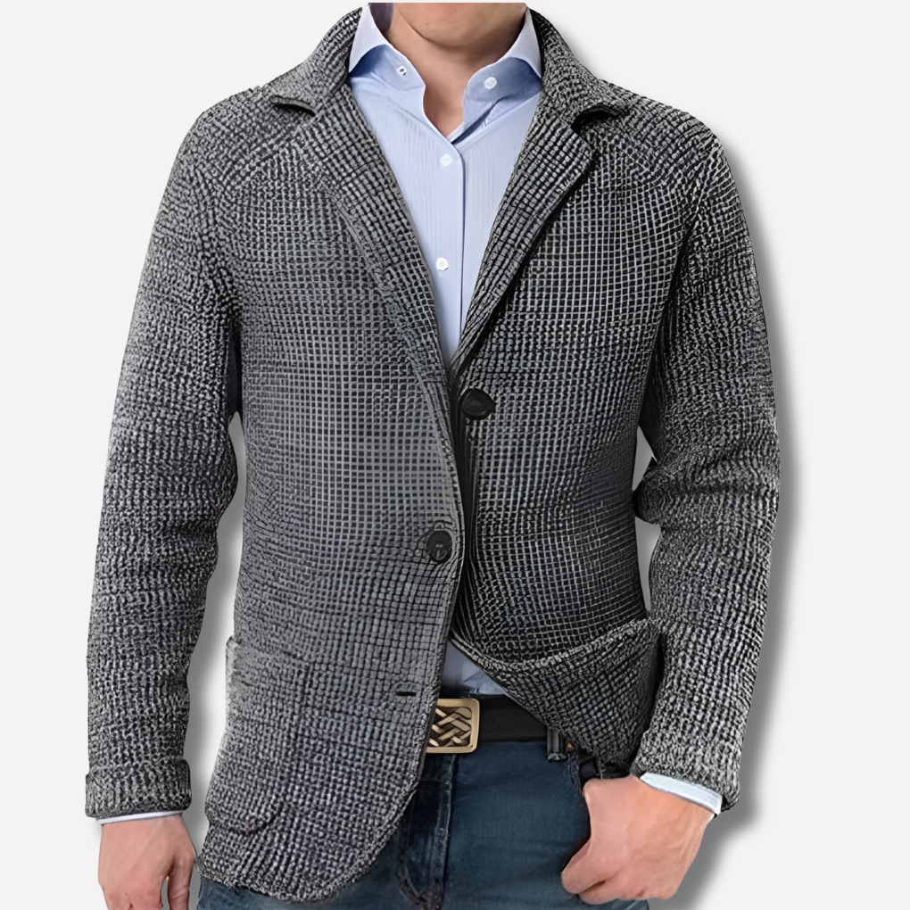 Button-front men's knit blazer cardigan, ideal smart casual outerwear for a stylish and comfortable look.